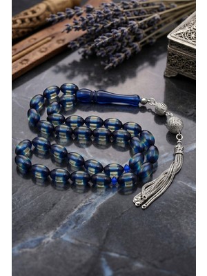 Prestige Gümüş Surmeli Sıkma Kehribar Taşlı Arpa Kesim Tesbih 925 Ayar Gümüş Püsküllü 12*8 mm 902777