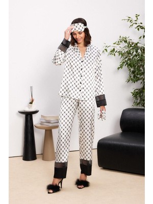 Pierre Cardin Büyük Beden Kadın Önden Düğmeli Biyeli Saten Pijama Takım Göz Bandı ve Toka Hediyeli