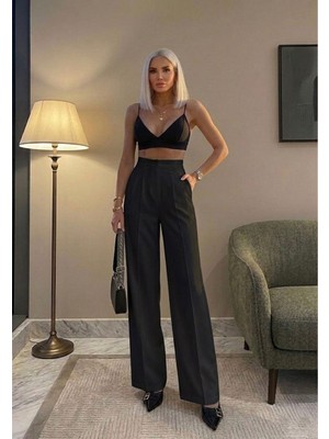 Sorvella Wear Kadın Ithal Doubleface Pileli Yüksek Bel Kumaş Pantolon