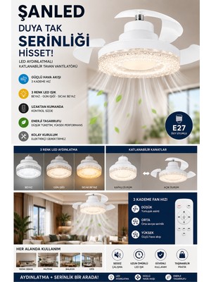 ŞANLED Tavan Vantilatörlü Kristal LED Ampul 40W Kumandalı 3 Renkli Işık