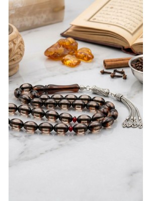 Prestige Gümüş Surmeli Sıkma Kehribar Taşlı Arpa Kesim Tesbih 925 Ayar Gümüş Püsküllü 12*8 mm 902776