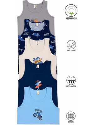 Özkan Underwear Özkan 31800 5'li Paket Erkek Çocuk Karışık Renkli Desenli Pamuklu Yumuşak Rahat Kalın Askılı Atlet