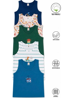 Özkan Underwear 31800 5'li Paket Erkek Çocuk Karışık Renkli Desenli Pamuklu Yumuşak Rahat Kalın Askılı Atlet