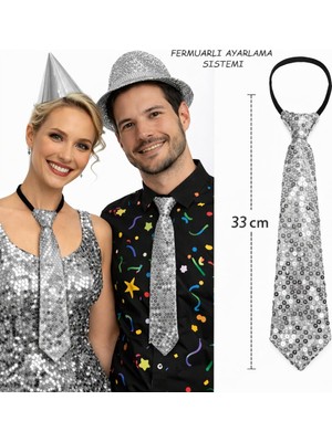 Go İthalat Gümüş Renk Pul Payetli Işıltılı Parti Kravatı 33 cm (5224)
