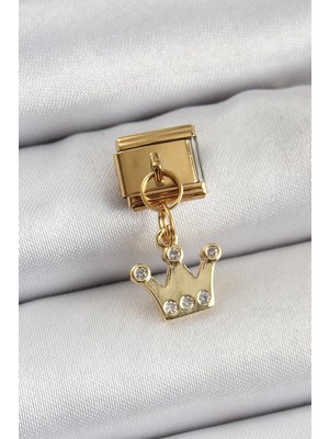 SBN - Store Mey Ithalat® 316L Çelik Sallantılı Zirkon Taşlı Kraliçe Tacı Model Gold Renk Nomination Charm