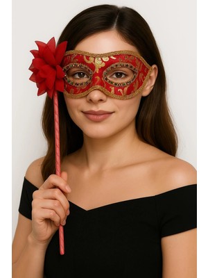 SBN - Store Mey Ithalat® Lüks Taşlı Saplı Maskeli Balo Maskesi Kırmızı Renk 35 cm