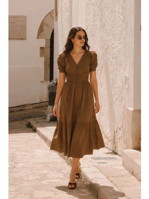 Olcay Drape Detaylı Karpuz Kol Pamuklu Elbise VİZON 9457-E