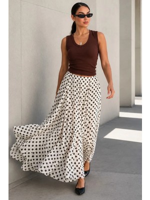 Madmext Bej Puantiye Desenli Vintage Şifon Maxi Etek MG2776