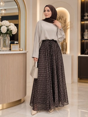 Esra Butik Siyah & Kahverengi Puantiyeli Astarlı Şifon Etek – Kendi Kumaşından Kuşaklı, 95 cm