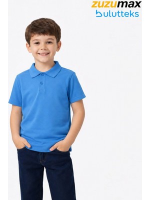 Bulut Teks Mavi (Gökmavisi) Okul Tişörtü Unisex Kısa Kollu Polo Yaka Pamuklu Düz Renk