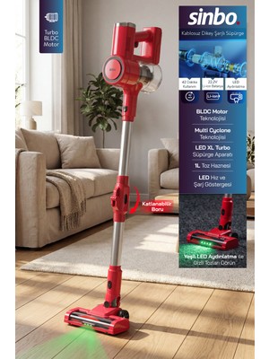 Sinbo SVC-8642 Kablosuz Dikey Şarjlı Süpürge 22.2V Bldc Motor LED Işıklı Turbo Başlık 1l Toz Hazneli