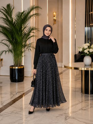 Esra Butik Siyah & Kahverengi Puantiyeli Astarlı Şifon Etek – Kendi Kumaşından Kuşaklı, 95 cm