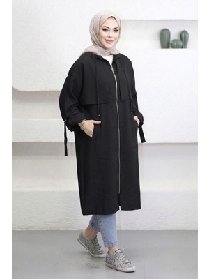 Suede Style 6348- Rahat Şık Fermuarlı Cepli Kol Bağlama Detaylı Yumuşak Tencel Kumaş Uzun Kapüşonlu Kadın Tunik