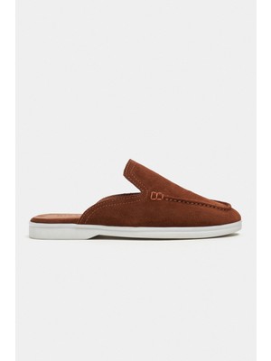 Nişantaşı Shoes Letty Taba Süet Deri Düz Taban Kadın Loafer Terlik