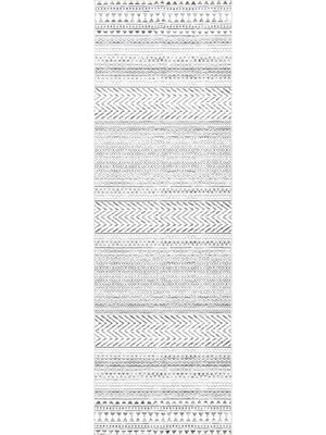 Kira Makinede Yıkanabilir Tribal Geometrik Yolluk Halı, 2' 6" x 12', Gri