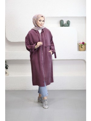 Suede Style 6348- Rahat Şık Fermuarlı Cepli Kol Bağlama Detaylı Yumuşak Tencel Kumaş Uzun Kapüşonlu Kadın Tunik