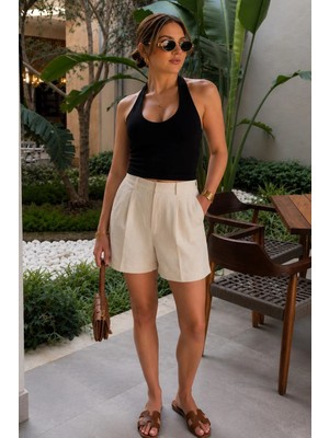 Madmext Bej Pileli Yüksek Bel Keten Şort MG2867
