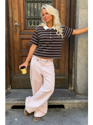 Madmext Kahverengi Polo Yaka Çizgili Kadın Tişört MG2706