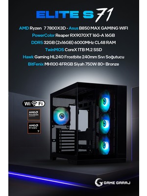 Game Garaj Elite S71 Amd R7 7800X3D 32GB Ram 1tb SSD RX9070XT 240MM Sıvı Soğt Freedos Oyuncu Oem Paket