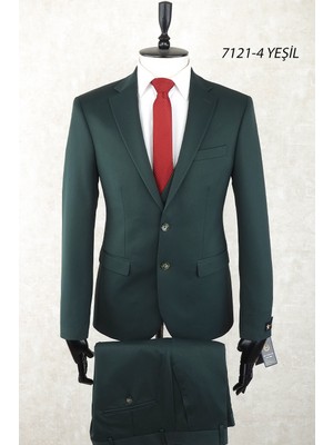Jan Carlucci Slim Fit Mono Yaka Iki Düğme Çift Yırtmaç  Yeşil  Drop 6 Yelekli Takım Elbise
