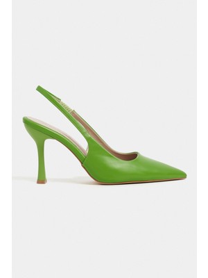 Nişantaşı Shoes Elara Yeşil Mat Slingback V Vamp Hattı Sivri Burun Kadın Topuklu Ayakkabı