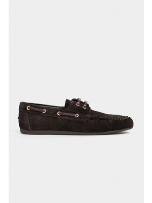 Nişantaşı Shoes Doby Kahve Süet Hakiki Deri Bağcık Detaylı Düz Taban Kadın Loafer Ayakkabı