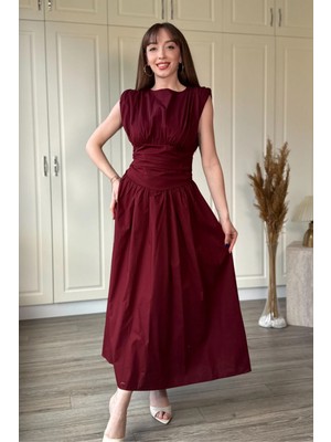 Dilay Gökoğlu Butik Vatkalı Poplin Midi Bordo Elbise