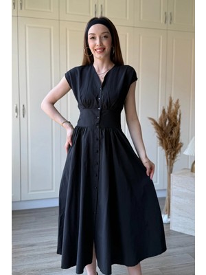 Dilay Gökoğlu Butik V Yaka Bel Oturtmalı Volanlı Midi Siyah Elbise