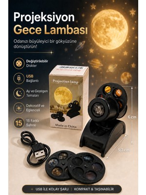 Güzelyüz Avm Yıldızlı Gece Lambası 15 Farklı Sahne Projeksiyon LED Lamba USB Şarjlı Ay ve Gezegen Projektörü