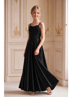 Butik Happy Kids Kız Çocuk Abiye Ince Askılı Siyah Uzun Drapeli Pül Detaylı Saten Abiye  Elbise 10-15 Yaş