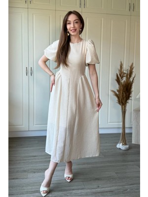 Dilay Gökoğlu Butik Bej Müslin Kumaş Balon Kol Midi Elbise