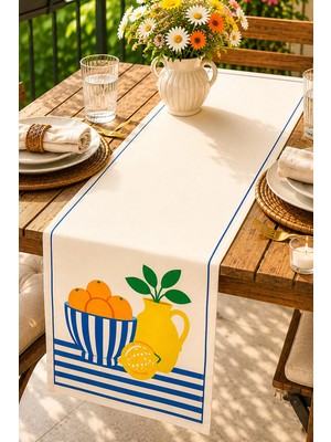 Ays Home Lacivert Çizgili Limon Desen Runner