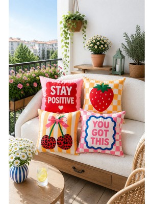 Ays Home Kiraz Desenli Pembe Sarı Ev Balkon Bahçe 4'lü Kırlent Kılıfı Seti (Çift Taraflı)