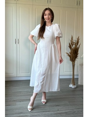 Dilay Gökoğlu Butik Beyaz Müslin Kumaş Balon Kol Midi Elbise