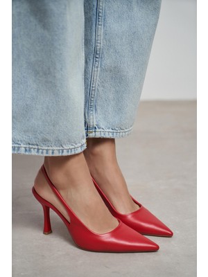 Nişantaşı Shoes Elara Kırmızı Mat Slingback V Vamp Hattı Sivri Burun Kadın Topuklu Ayakkabı