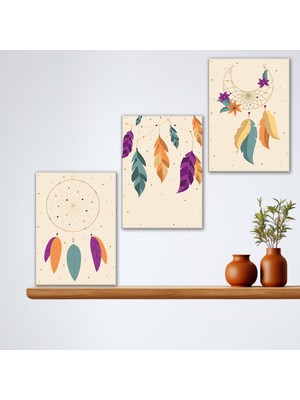 Tilki Dünyası 3'lü Bohem Kanvas Tablo Seti 19 - Modern Boho Duvar Dekoru - Modern Çizgiler ve Tasarım 3 Parça Tablo