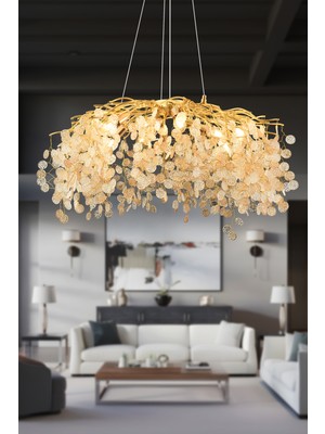 Apliqa Masal 80'lık Yuvarlak Gold Kristal Taşlı Modern, Oturma Odası, Salon Avize