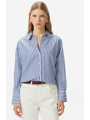 Nautica Kadın Mavi Oversize Çizgili Gömlek