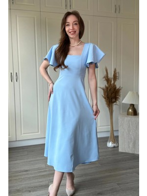 Dilay Gökoğlu Butik Kolu Fırfır Detaylı Zarif Midi Kloş Elbise