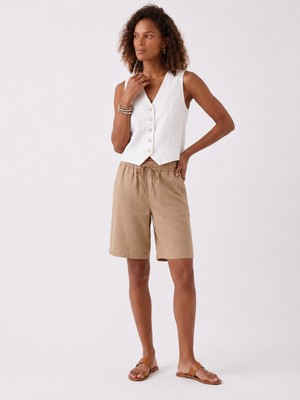 Bold & Young 100% Pamuklu Bej Rahat Kalıp Beli Lastikli Şort