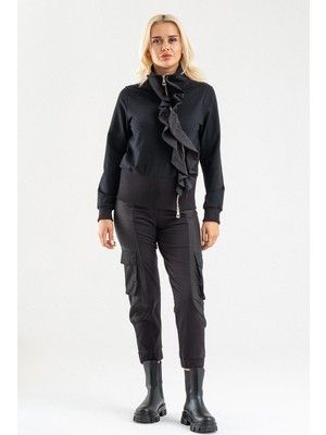 Bold & Young Siyah Volan Detaylı Fermuarlı Şık Sweat Ceket