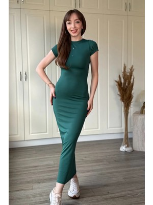 Dilay Gökoğlu Butik Dalgıç Kumaş Kısa Kollu Midi Yeşil Elbise
