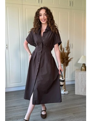 Dilay Gökoğlu Butik Bel Drapeli Yırtmaçlı Gömlek Elbise