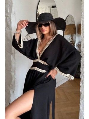 Nana & Mayka Moda Kadın Müslin Uzun Elbise %100 Pamuk Fistolu Bohem Yırtmaçlı Yazlık Salaş Premium Model
