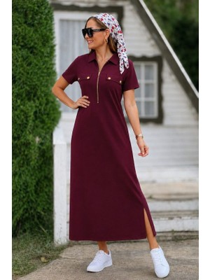 Trend Metkar Kadın Kısa Kollu Yakalı Fermuarlı Uzun Viskon Iki Iplik Elbise