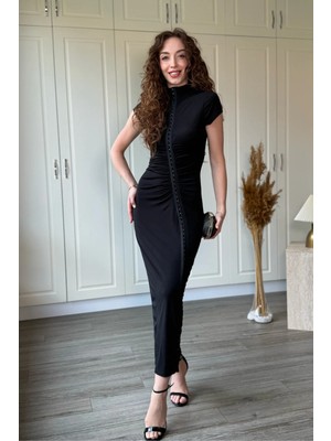 Dilay Gökoğlu Butik Bel Drapeli Kancalı Midi Zarif Elbise