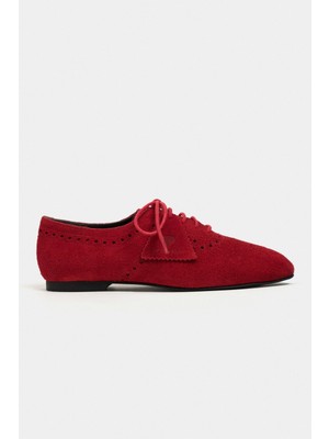 Nişantaşı Shoes Estina Kırmızı Süet Deri Desen Detay Klasik Kadın Loafer Ayakkabı