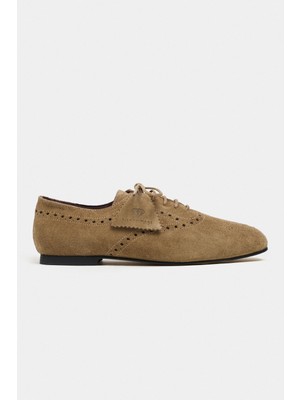 Nişantaşı Shoes Estina Rome Bej Süet Deri Desen Detay Klasik Kadın Loafer Ayakkabı