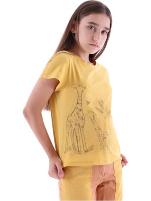 OZMOZ Organik Zürafa Baskılı Sarı Yazlık Kız Çocuk Tshirt