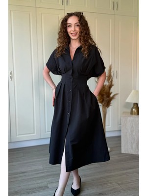 Dilay Gökoğlu Butik Bel Drapeli Yırtmaçlı Gömlek Elbise